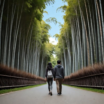 Asian couple walking in bamboo forest