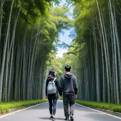 Asian couple walking bamboo forest path