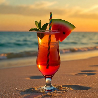 Watermelon cocktail on beach sunset