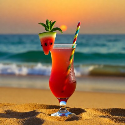 Watermelon Cocktail on Beach Sunset