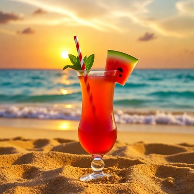 Watermelon cocktail on beach sunset