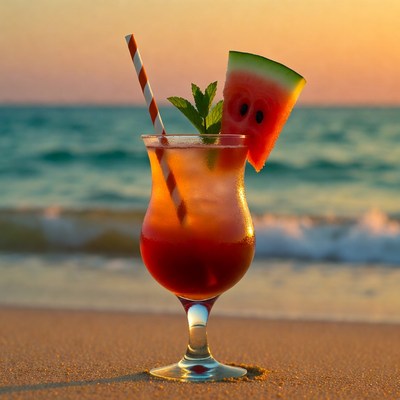 Watermelon cocktail on beach sunset