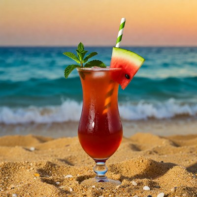 Watermelon cocktail on beach sunset