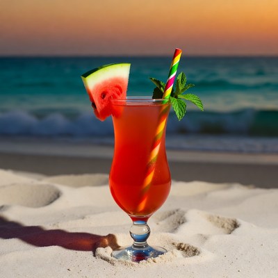 Watermelon Cocktail on Beach Sunset