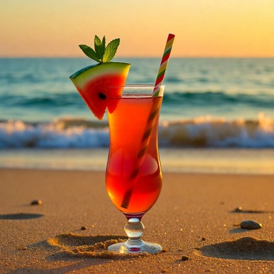 Watermelon cocktail on beach sunset