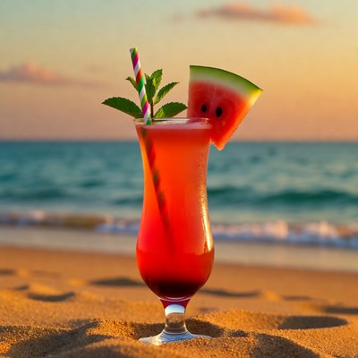 Watermelon cocktail on beach sunset