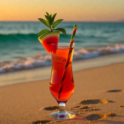 Watermelon cocktail on beach sunset