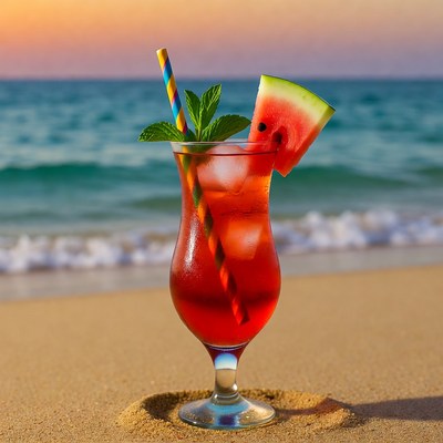 Watermelon cocktail on beach sunset