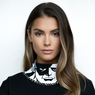 Woman in black mask print top