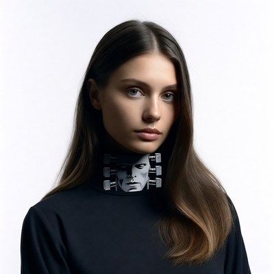 Woman wearing cyberpunk face collar necklace