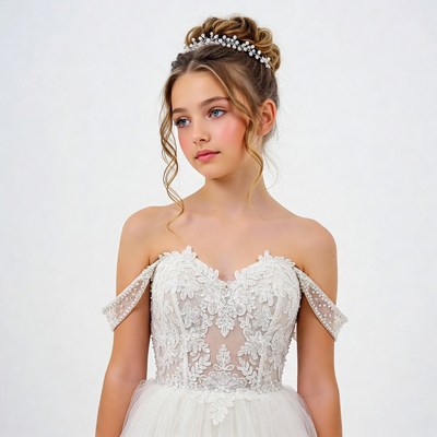 Girl in white lace off-shoulder wedding dress