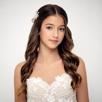 Teen girl in lace wedding dress
