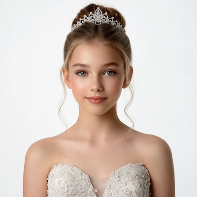 Girl with tiara in white gown