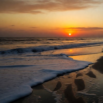 Sunset over ocean waves and beach footprints