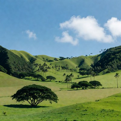 Tropical Green Hills with Palm Trees