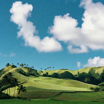 Tropical Green Hills with Palm Trees