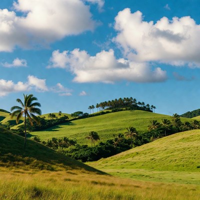 Tropical Green Hills with Palm Trees