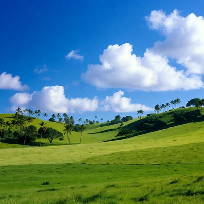 Tropical Green Hills with Palm Trees