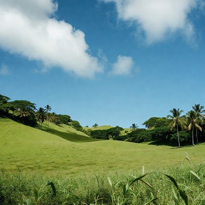 Tropical Green Hills with Palm Trees