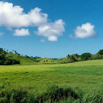 Lush green hills with palm trees
