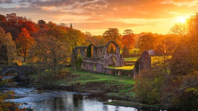 Ruins at Sunset with Autumn Trees
