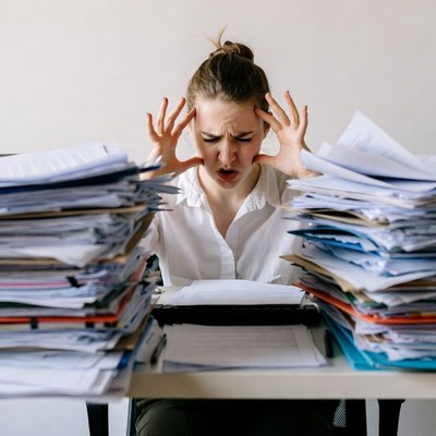 Stressed woman overwhelmed by paperwork