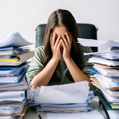 Woman overwhelmed by paperwork at desk