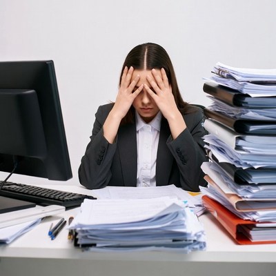 Stressed woman at desk with paperwork