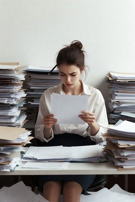 Woman reading document amid paperwork stacks