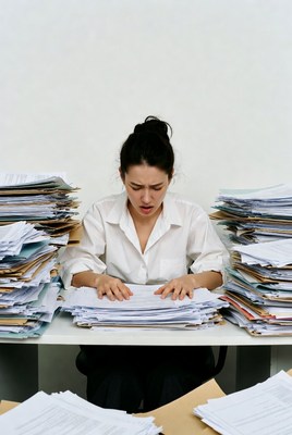 Woman overwhelmed by stacks of paperwork