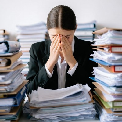 Woman stressed by paperwork overload