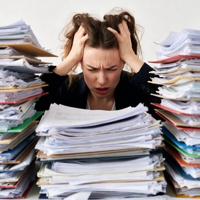 Stressed woman overwhelmed by paperwork