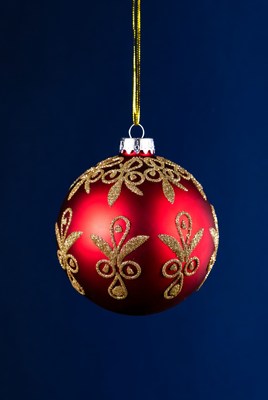 Red Gold Ornament Hanging Blue Background