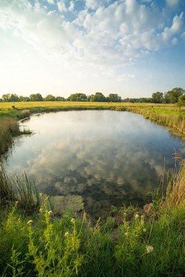 Scenic Pond in Grassy Field