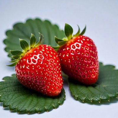 Two Fresh Strawberries on Leaves