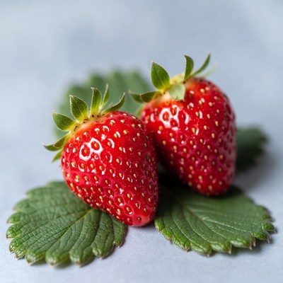 Two Fresh Strawberries on Leaves