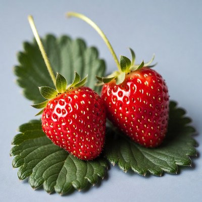 Two Fresh Strawberries on Leaves