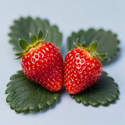Two Ripe Strawberries on Leaves