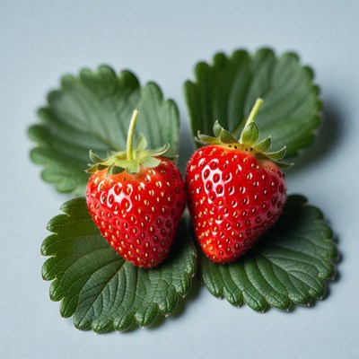 Two Strawberries on Green Leaves