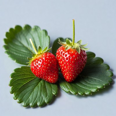 Two Ripe Strawberries on Green Leaves