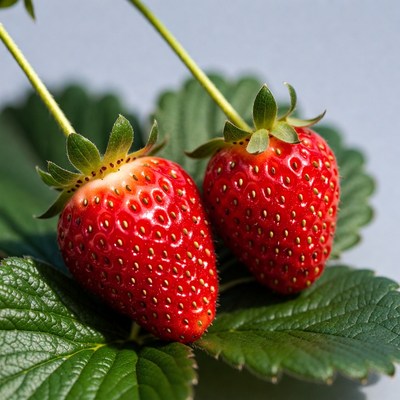 Two ripe strawberries on green leaves