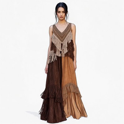 Woman in fringed suede maxi dress