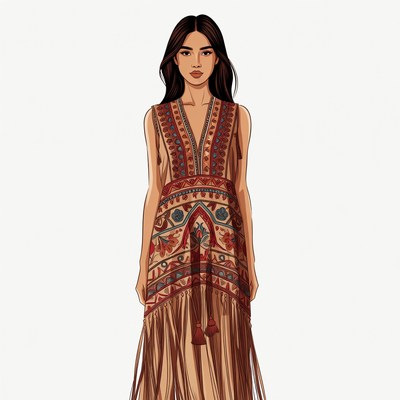 Asian woman in embroidered boho dress