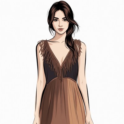 Asian woman in fringed brown dress
