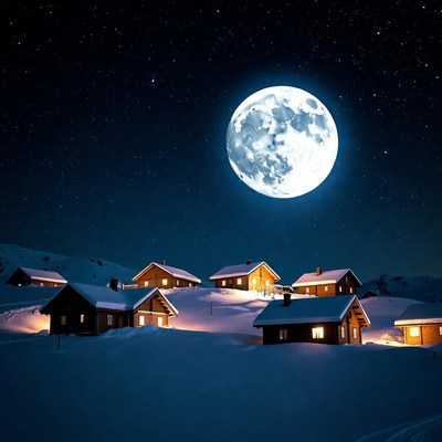 Snowy Chalets Under Full Moon