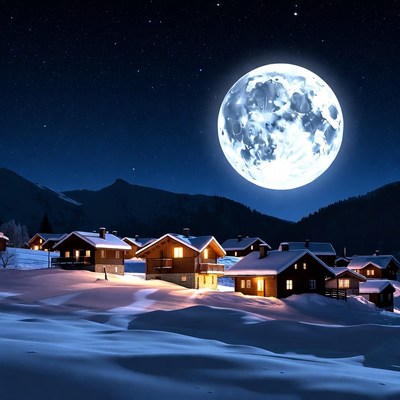 Snowy Chalets Under Full Moon
