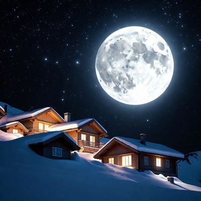 Snowy Chalets Under Full Moon