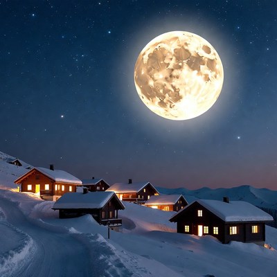 Snowy Chalets Under Full Moon