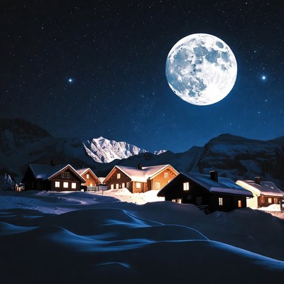 Snowy Wooden Cabins Under Full Moon