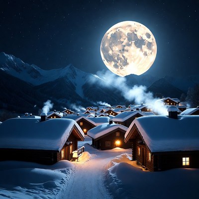 Snowy Mountain Village Under Full Moon